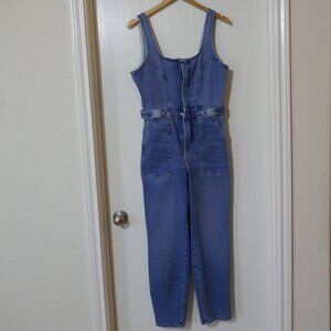 Good American Denim Jumpsuit Sz L Sleeveless Zip Front Belted Utility Blue